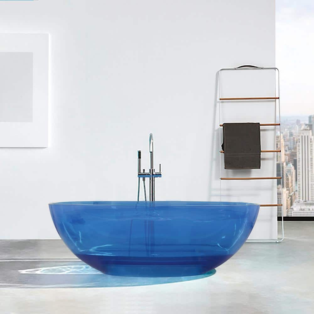 JimsMaison 64 in. x 30 in. Stone Resin Soaking Bathtub with Center Drain in Transparent Blue
