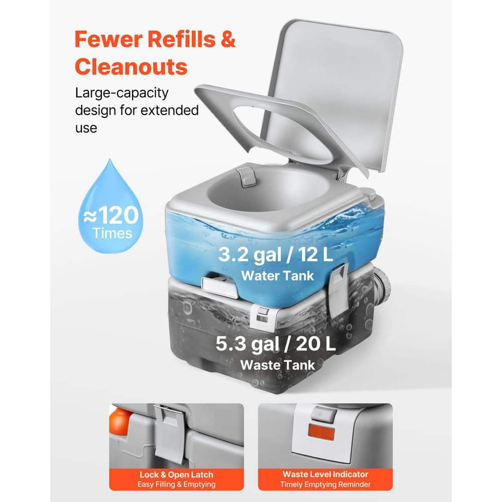 VEVOR Portable Toilet, 5.3 Gal. Tank, 120 Flushes, Camping Toilet for Adults, Outdoor Potty with Non-Electric Waterless Toilet (3)