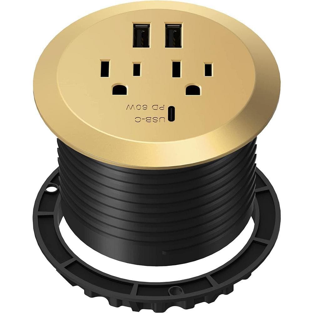 TOPGREENER 12 Amp 2-Outlets Desktop Grommet, 60-Watt Power Delivery Type C Port, 3-USB Charging Ports, Gold