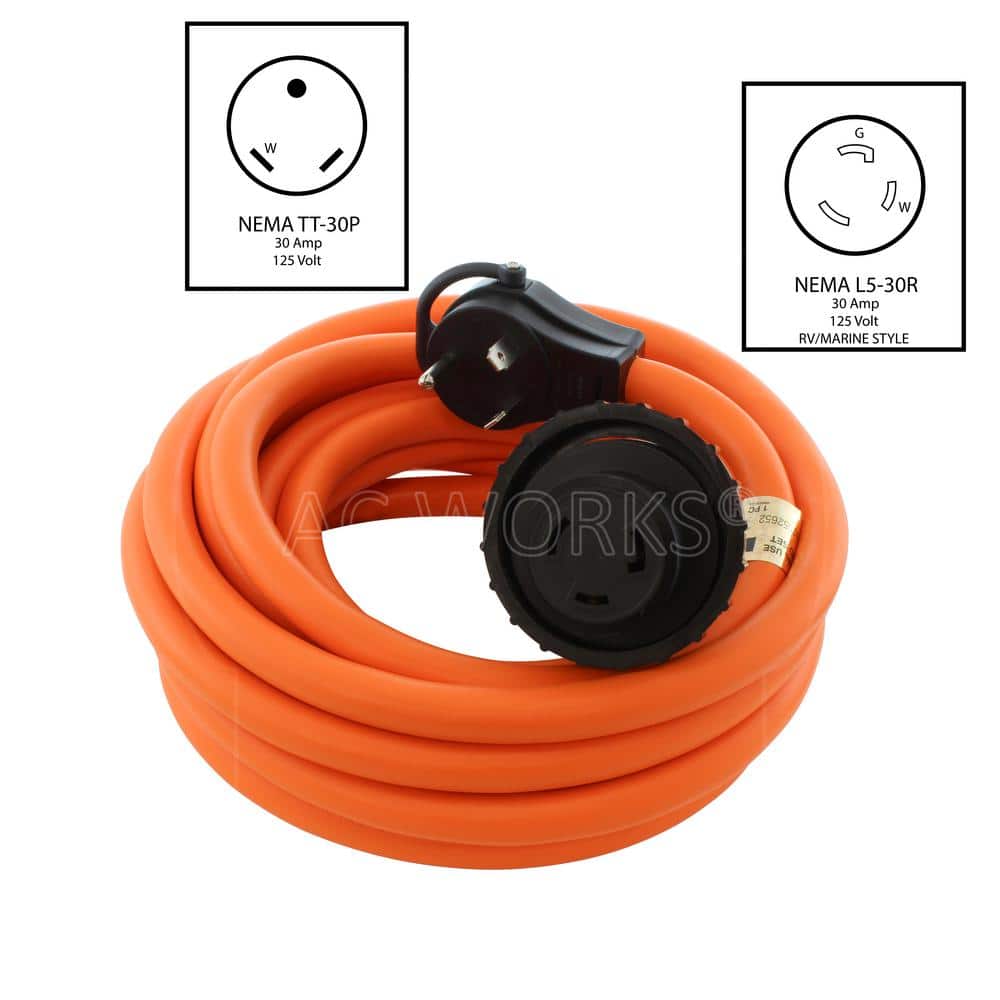 AC WORKS 25 ft.10/3 STW R-Volt 30A TT-30P Plug to 30A L5-30R Indoor/Outdoor Orange RV/Marine Detachable Power Supply Cord (2)