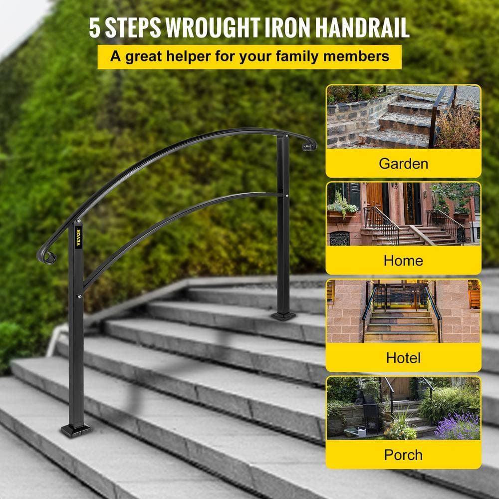 VEVOR Outdoor Handrails Fit 4 to 5 Steps Stair Railing Black Front Porch Hand Rail Wrought Iron Handrail for Concrete Steps (3)