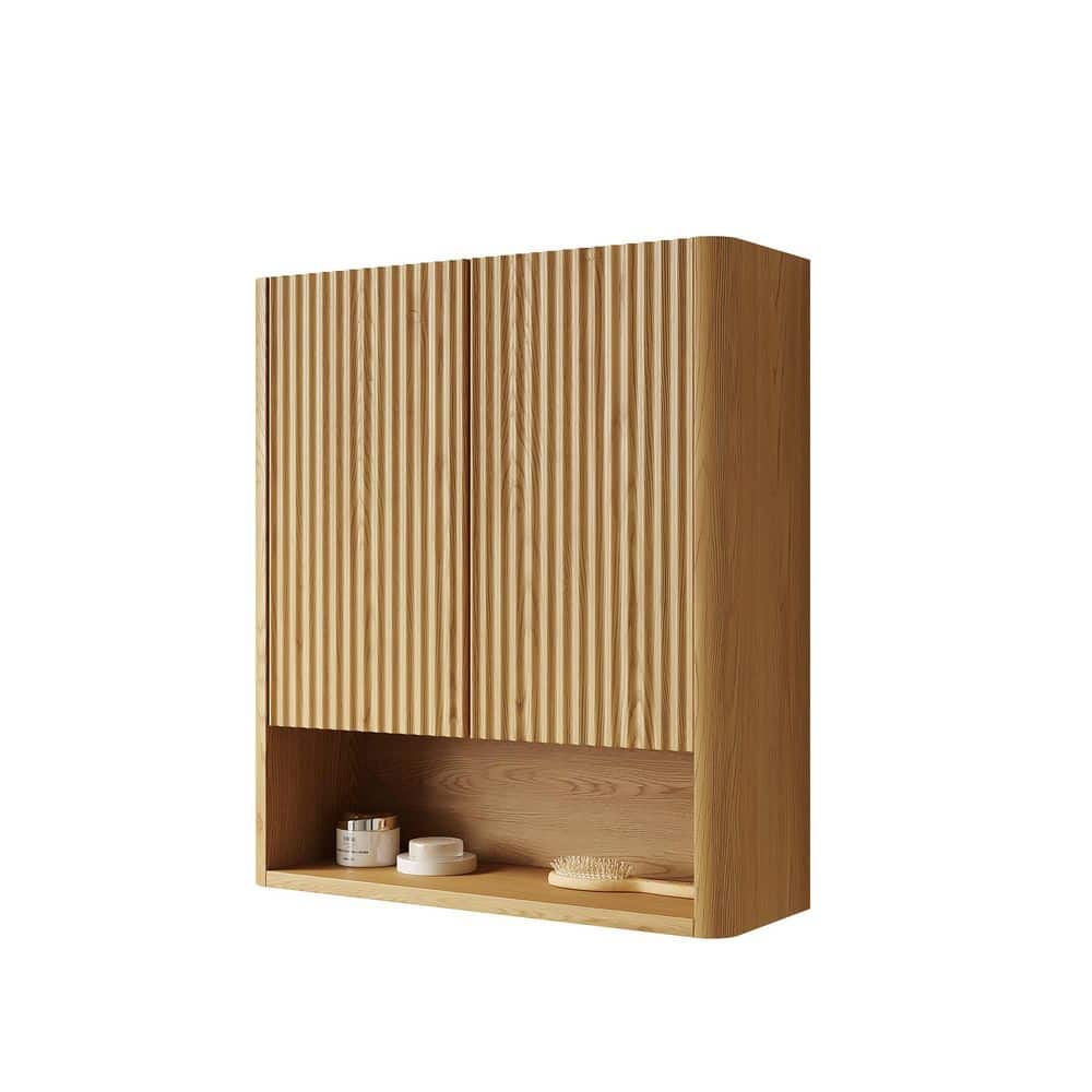 TCYO 26 in. W x 8 in. D x 30 in. H Golden Oak Solid Wood Linen Cabinet with Doors, Shelf and Open Storage (3)