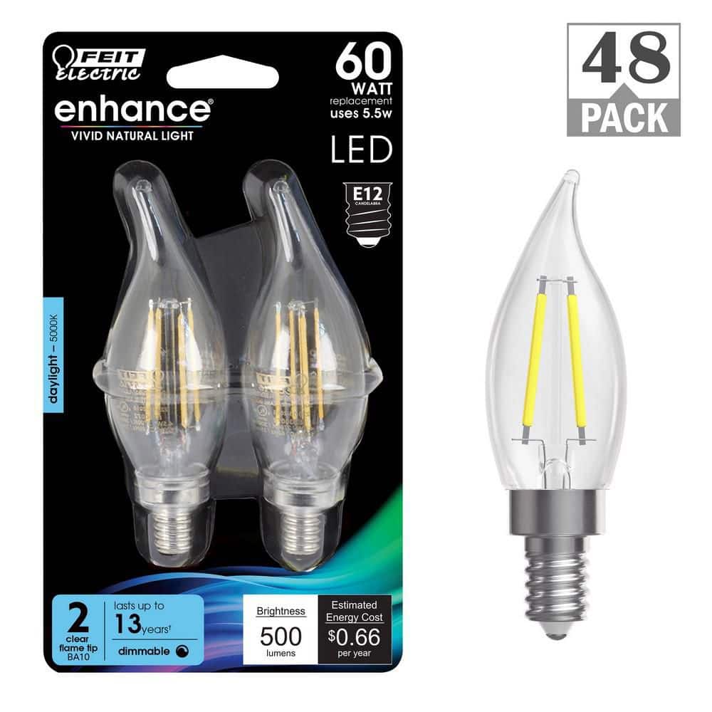 Feit Electric 60-Watt Equivalent BA10 E12 Candelabra Dimmable Filament CEC Clear Glass Chandelier LED Light Bulb, Daylight (48-Pack)