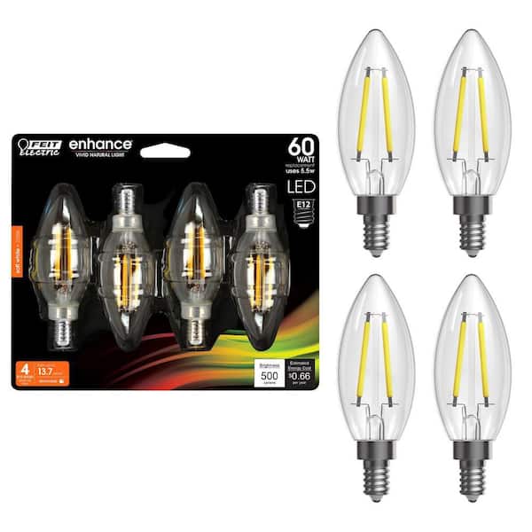 Feit Electric 60-Watt Equivalent B10 E12 Candelabra Dimmable Filament CEC Clear Glass Chandelier LED Light Bulb Soft White (4-Pack)