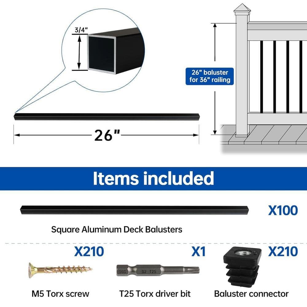 Afoxsos 26 in. H x 0.75 in. W Black Aluminum Square Deck Baluster Railing Kit for Porch and Fencing 100-Pack (2)