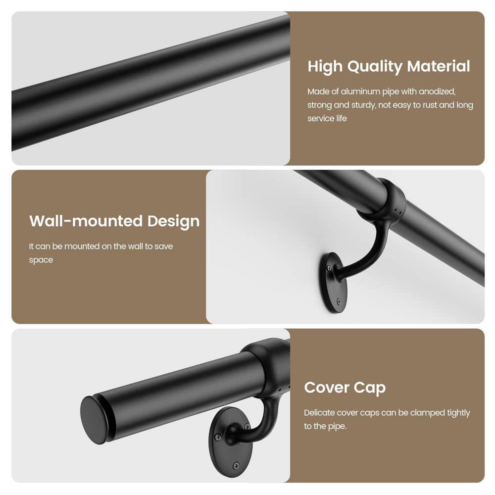 Unbranded 5 ft. Black Aluminum Handrail Industrial Style Wall Mounted Stair Railing Corrosion Resistant for Indoor Outdoor (2)
