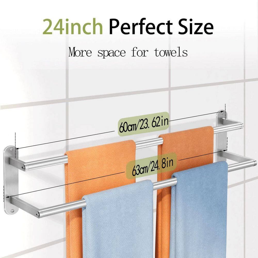 Wudkey 24.8 in. Wall Mounted Stainless Steel Double Towel Bar in Brushed Nickel, Rustproof Towel Holder Hanger Rod for Bathroom (3)