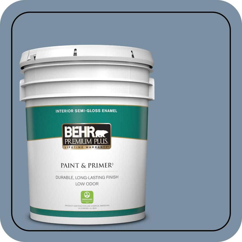 BEHR PREMIUM PLUS 5 gal. #S510-4 Jean Jacket Blue Semi-Gloss Enamel Low Odor Interior Paint & Primer