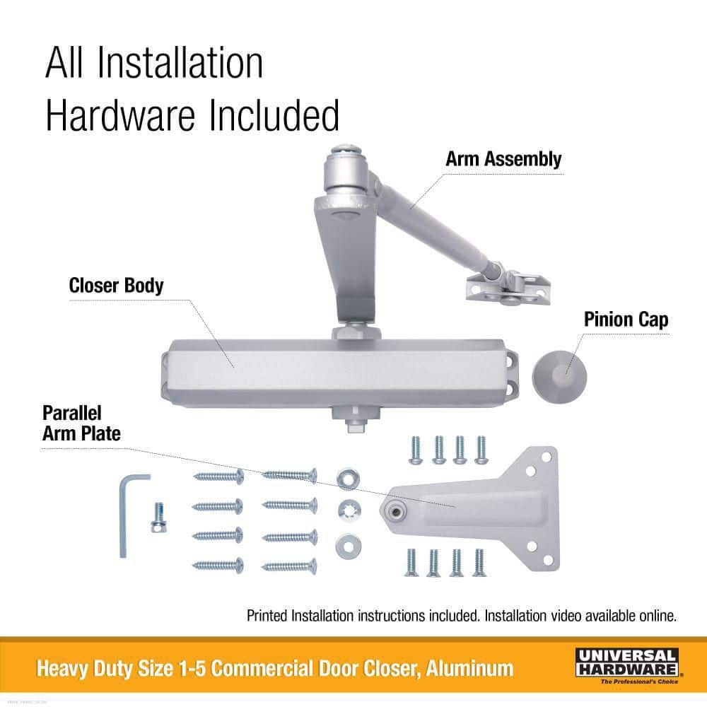 Universal Hardware Size 1-5 Heavy Duty Commercial Door Closer - 3 Mounting Styles - ANSI Grade 1, UL 3-Hour Fire, ADA - Aluminum Finish (4)