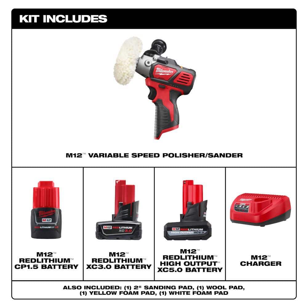 Milwaukee M12 12V Lithium-Ion Cordless Variable Speed Polisher/Sander Kit W/(2) M12 Batteries, Accessories, Charger & Tool Bag (2)