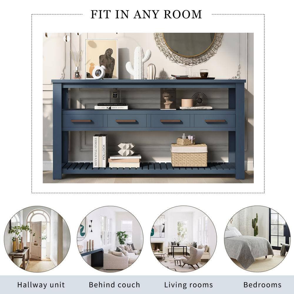 Unbranded 62.2 in. W x 13.8 in. D x 32 in. H Navy Blue Linen Cabinet with 4 Drawers and 2 Shelves for Bedroom and Living Room (3)