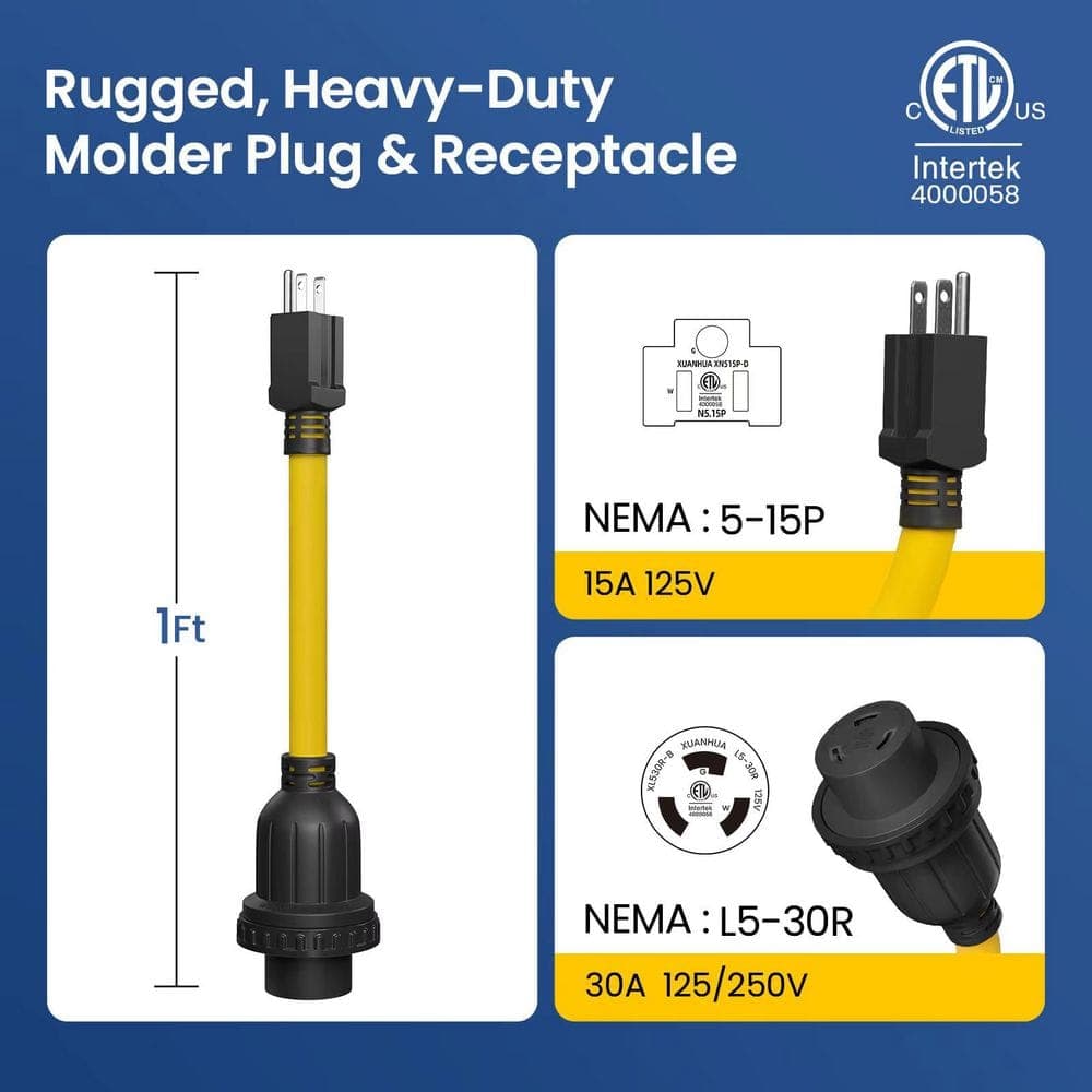 ELEGRP 30 Amp to 110 RV Adapter NEMA 5 15P to L5 30R Twist Lock Generator Cord 10 3 AWG STW Dogbone Plug Camper UL Compliant (2)