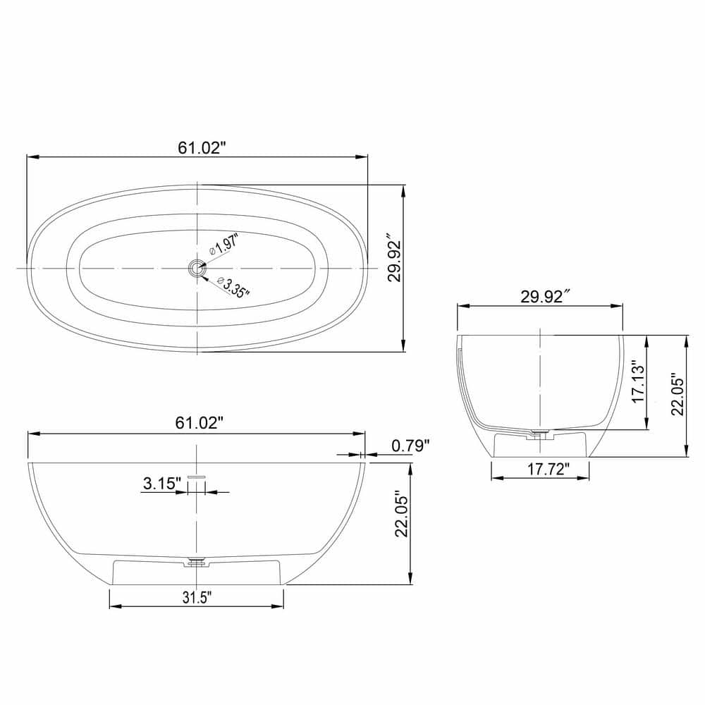 LIVACA 61.00 in. x 29.92 in. Flat Bottom Solid Surface Freestanding Soaking Bathtub with Center Drain in Matte White (2)