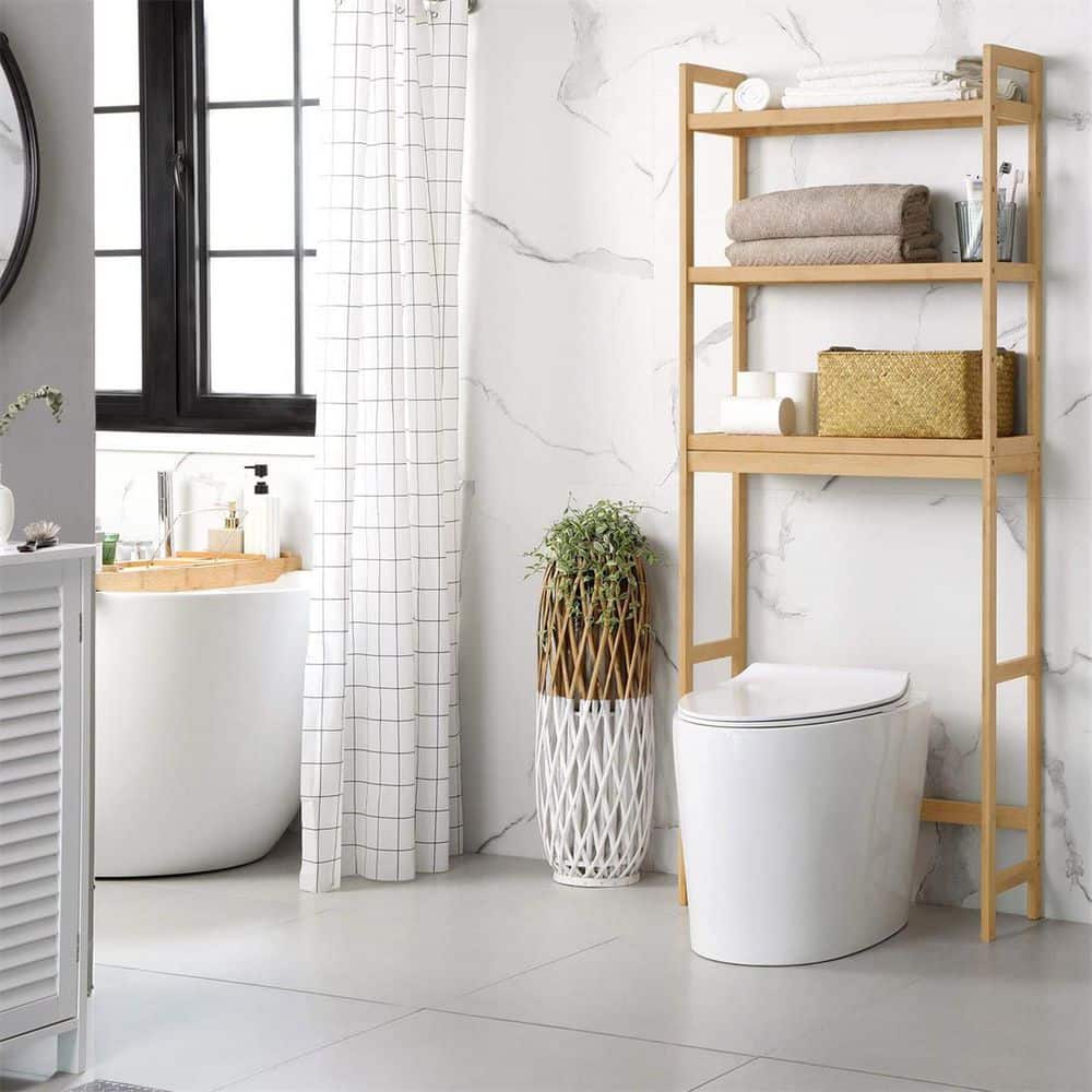Dracelo 24.8 in. W x 64.2 in. H x 10.2 in. D Brown Bamboo 3-Tier Bathroom Over-the-Toilet Storage in Natural (2)