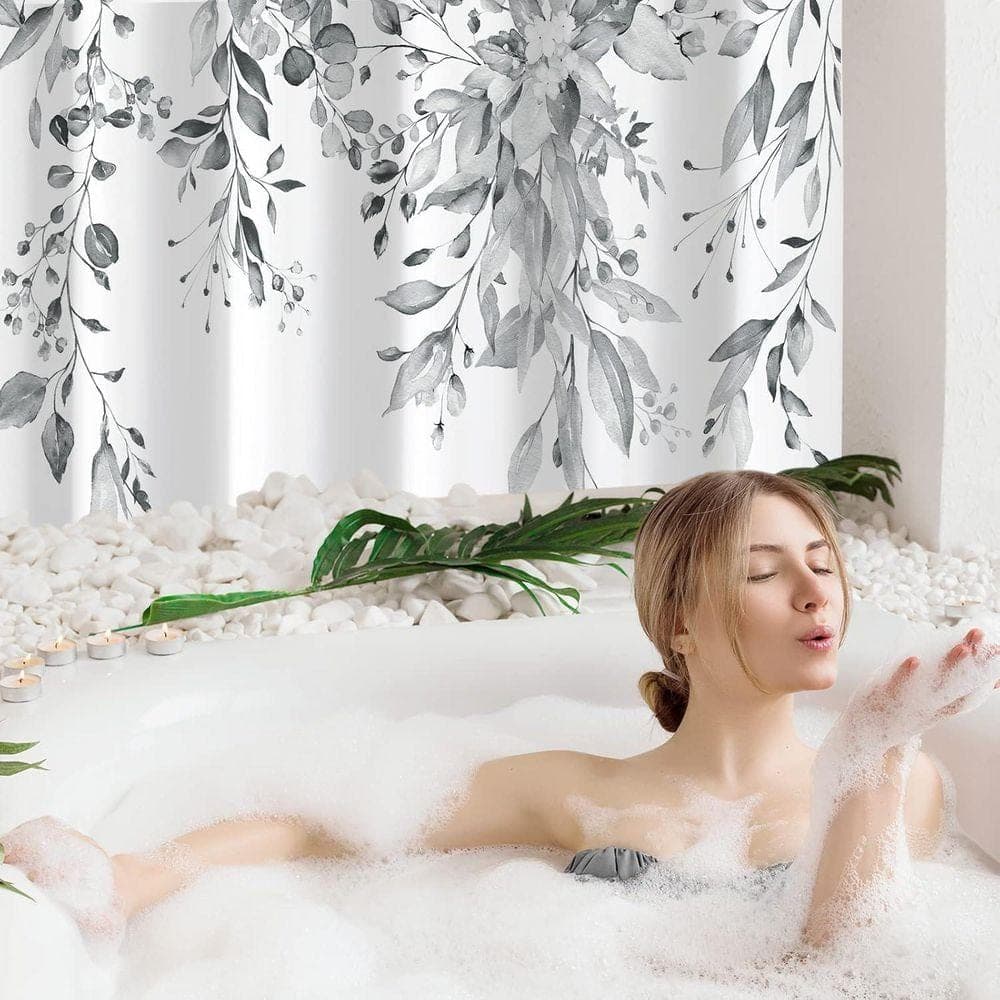 JFVKAF Eucalyptus Shower Curtain Watercolor Plant Leaves Floral Bathroom Set with Hooks 72x72 Gray Fabric (3)