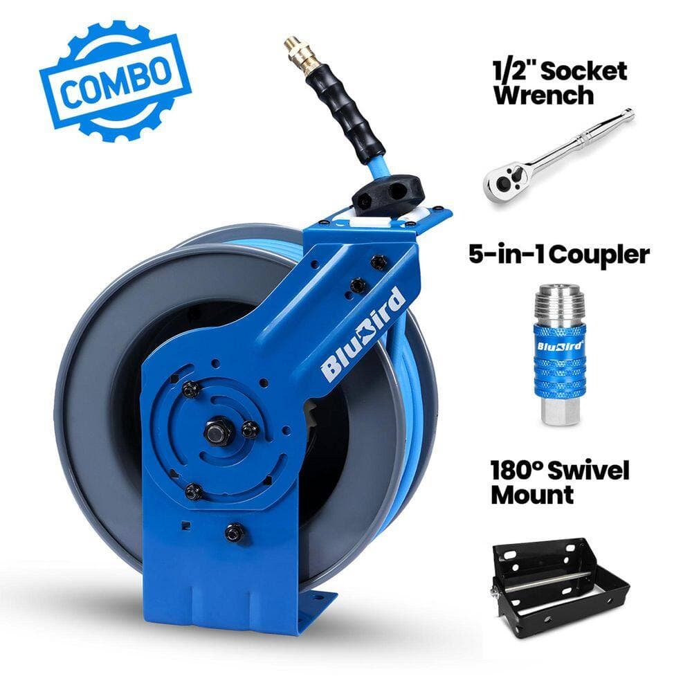 BLUBIRD 3/8 in. x 50 ft. Rubber Air Hose and Single Arm Steel Hose Reel with Swivel Mount Base, Coupler and Socket Wrench (2)
