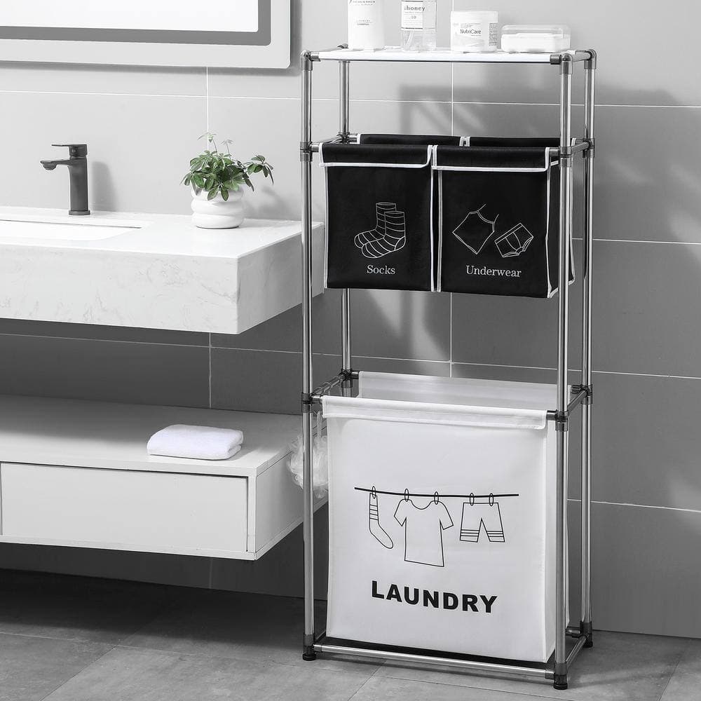 Tatayosi 3 Tier Laundry Sorter Laundry Hamper with 4 Removable Bags and Three hooks in Black White (3)