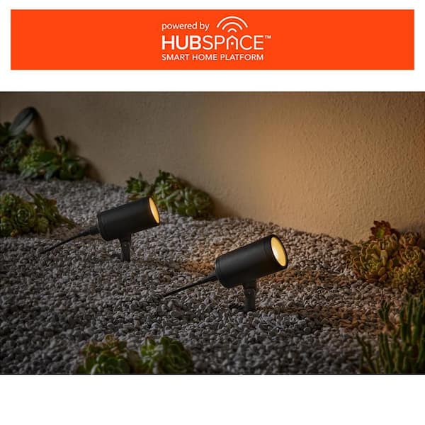 Hampton Bay Smart Black RGBw Hardwired Integrated LED Outdoor Spotlight Kit with Transformer Powered by Hubspace (2-Pack)