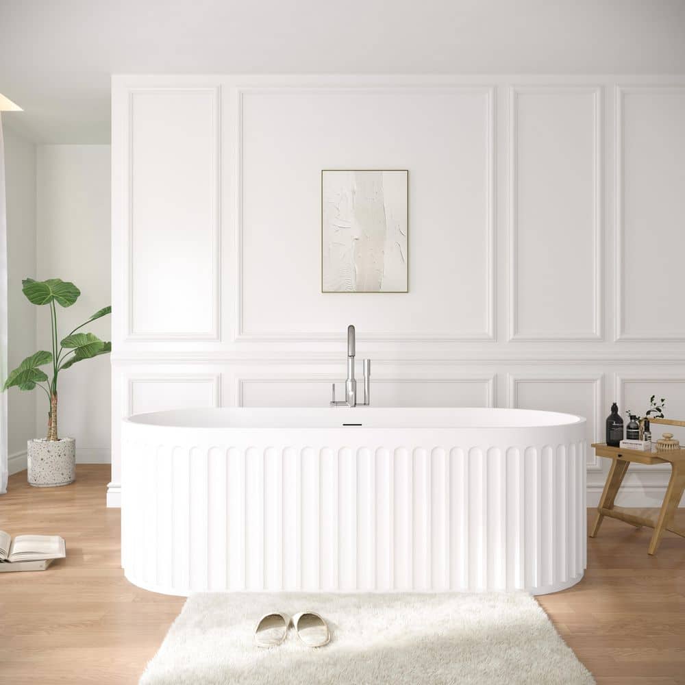 Fieeay 67 in. x 29.5 in. Freestanding Soaking Solid Surface Bathtub with Center Drain in Matte White