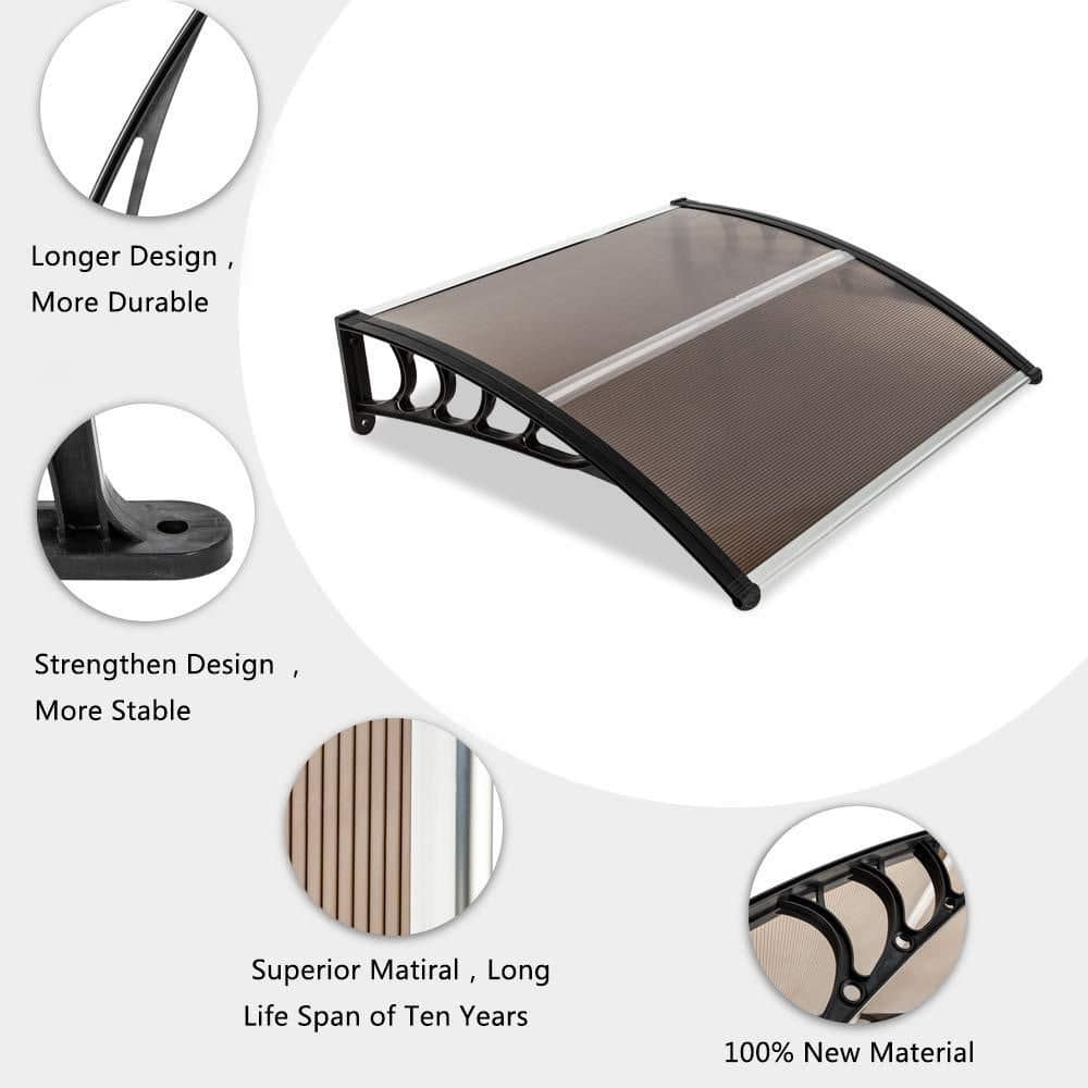 Numhew Black Frame Brown Polycarbonate 39.8 x 35.4 in. Front Door Window Awning Canopy, Rain and UV Protection Patio Shelter (2)