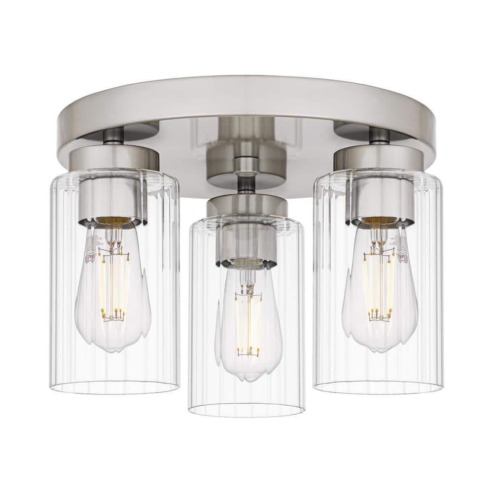 DSI LIGHTING Delphi 13.25 in. 3-Light Brushed Nickel Contemporary Flush Mount with Clear Ribbed Glass Shades (2)