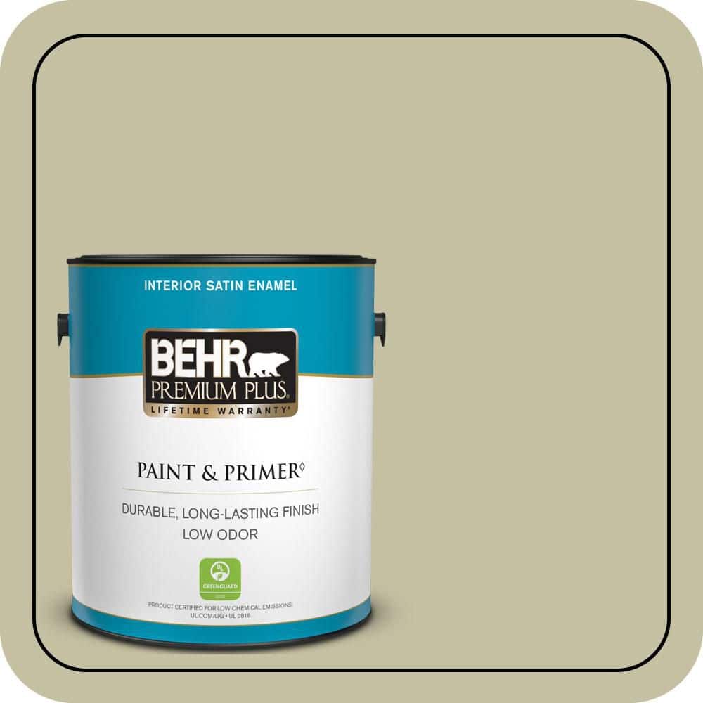 BEHR PREMIUM PLUS 1 gal. #S350-3 Washed Olive Satin Enamel Low Odor Interior Paint & Primer