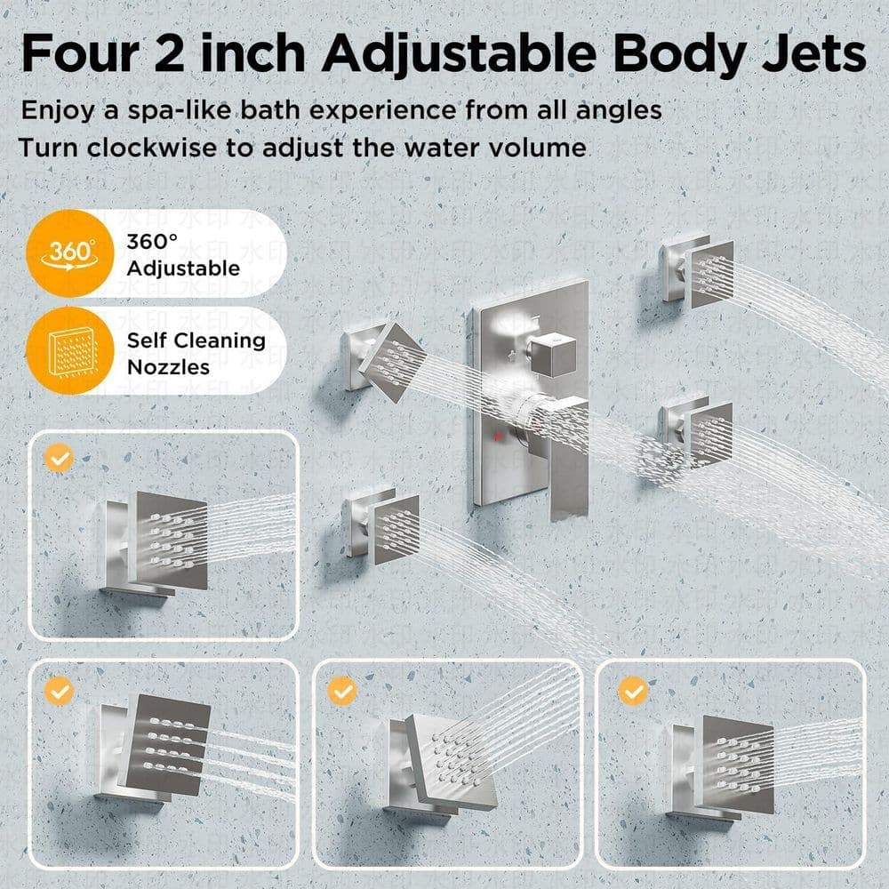 Helhom 4 Way 12 in. + 6 in. Shower Faucet Sets Complete with 2 in 1 Handheld, Ceiling Rainfall Dual Shower Head, Brushed Nickel (3)
