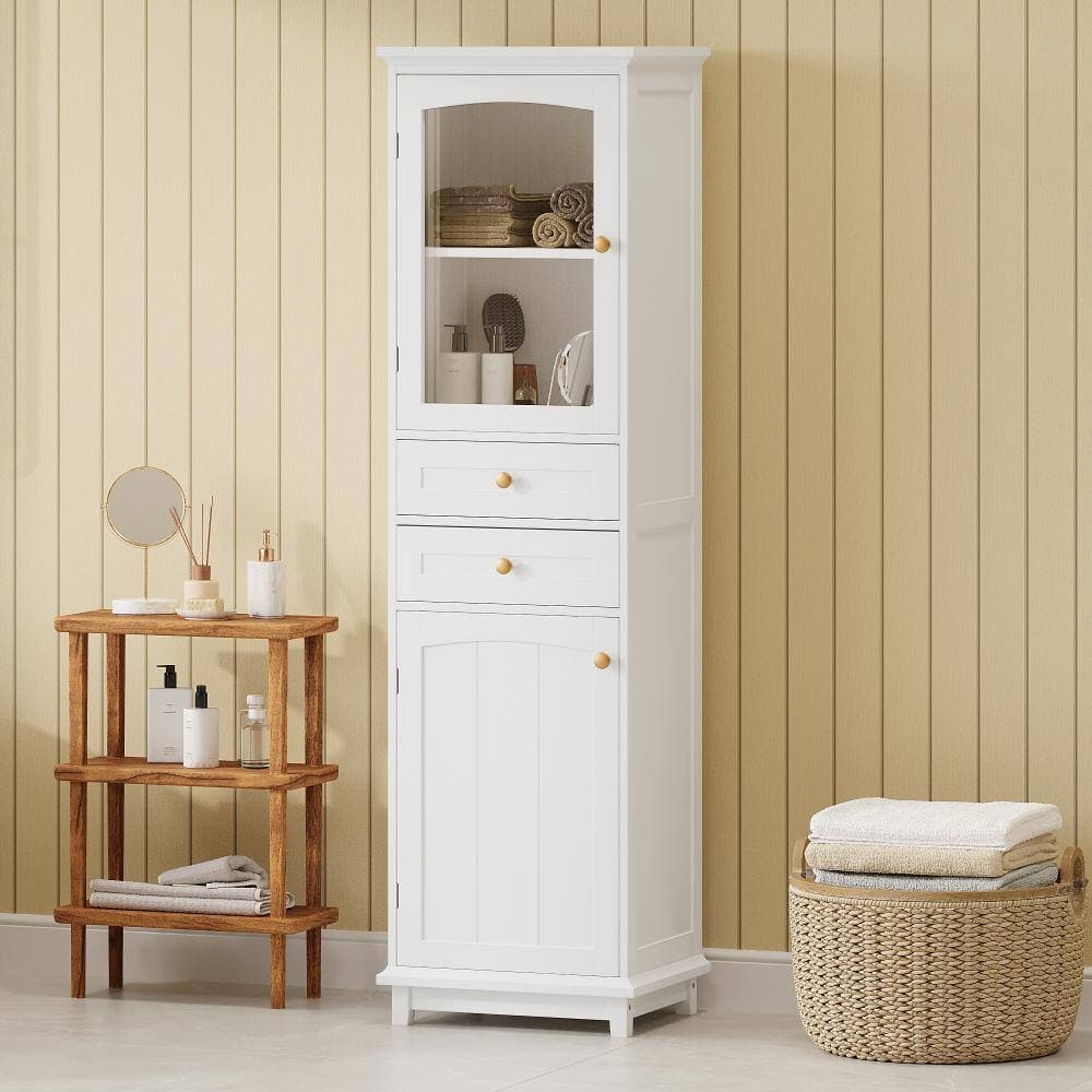 Timussi 18 in. W x 14 in. D x 63 in. H White MDF Linen Cabinet with Glass Doors and Adjustable Shelves in White (2)