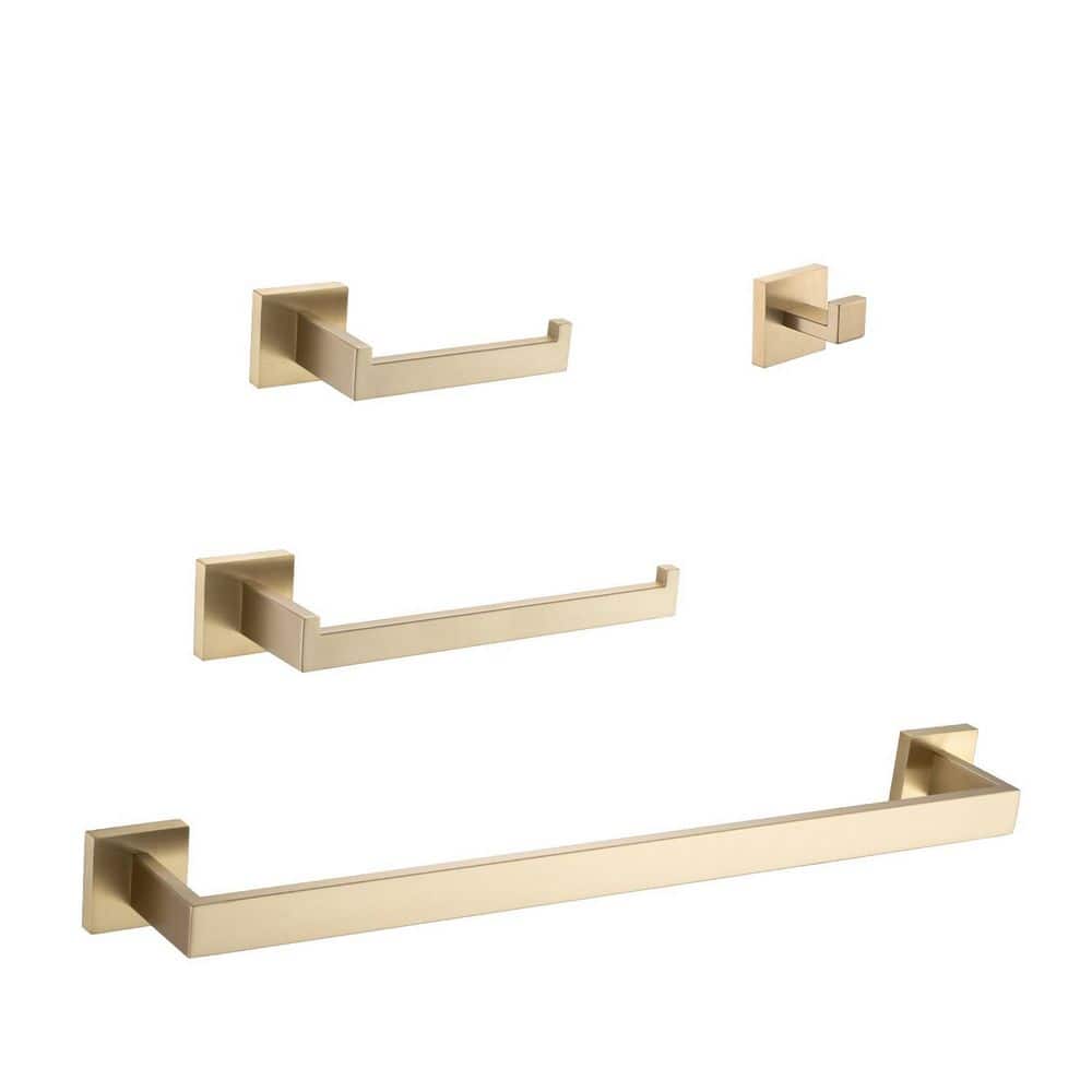 LIVACA 4-Piece Bathroom Hardware Set with Towel Bar, Paper Holder and Hooks in Brushed Gold Finish, Durable Stainless Steel (1)