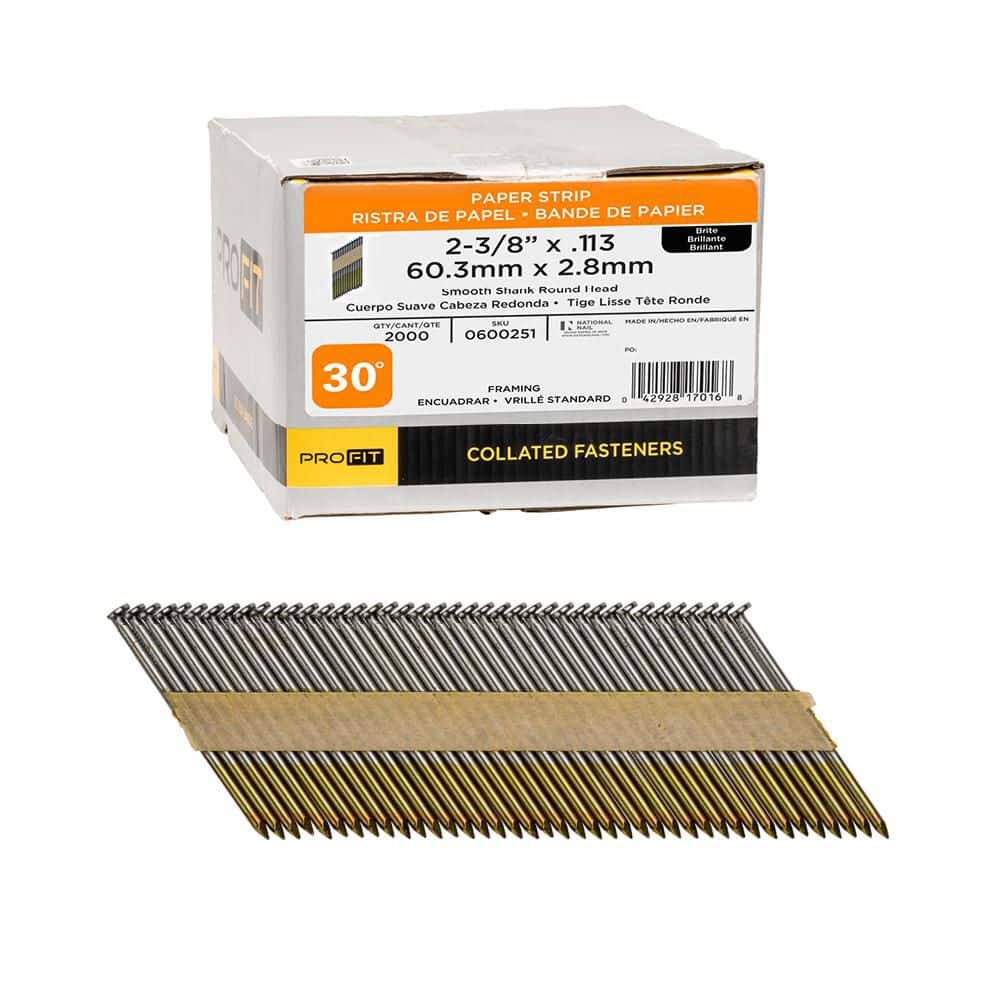 PRO-FIT 2-3/8 in. x 0.113-Gauge 36° Brite Finish Smooth Shank Paper Tape Collated Framing Nails (2000-Per Box) (1)
