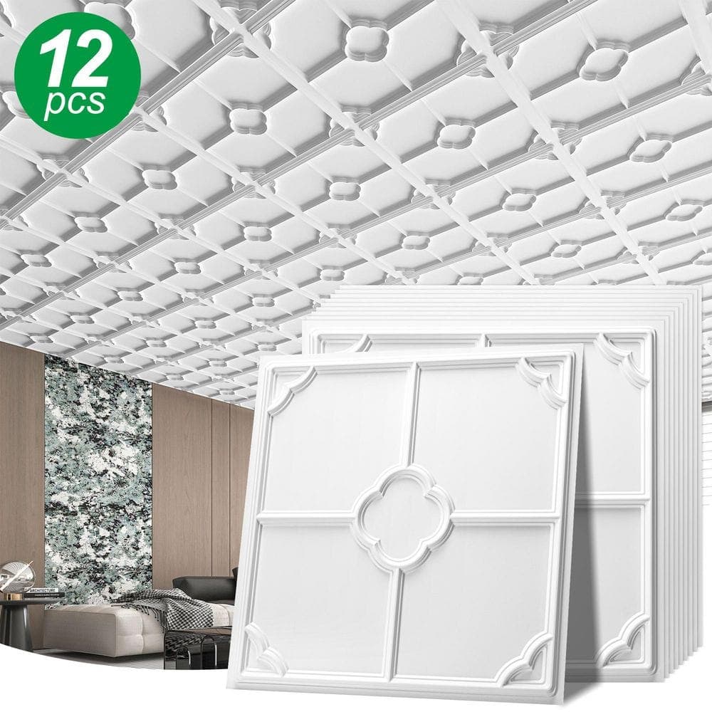 Amzdepot White 2 x 2 ft. 3D Geometric Decorative PVC Drop Ceiling Tile for Living Room, Bedroom, Restaurant (48 sq. ft./ Case) (2)