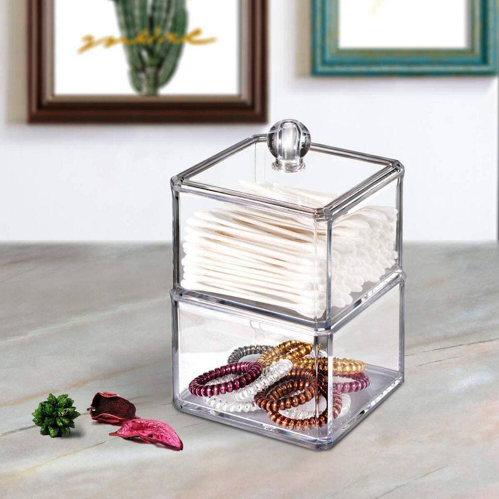 KHKFY 2-Pack Modern Square Acrylic Qtip Holder Jars with Lids for Bathroom Vanity, Clear Shatterproof Jars (3)