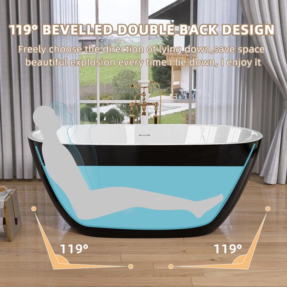 Zeafive Ema 55 in. 29.5 in. Modern Oval Acrylic Freestanding Soaking Bathtub with Center Drain Glossy Black and White (2)