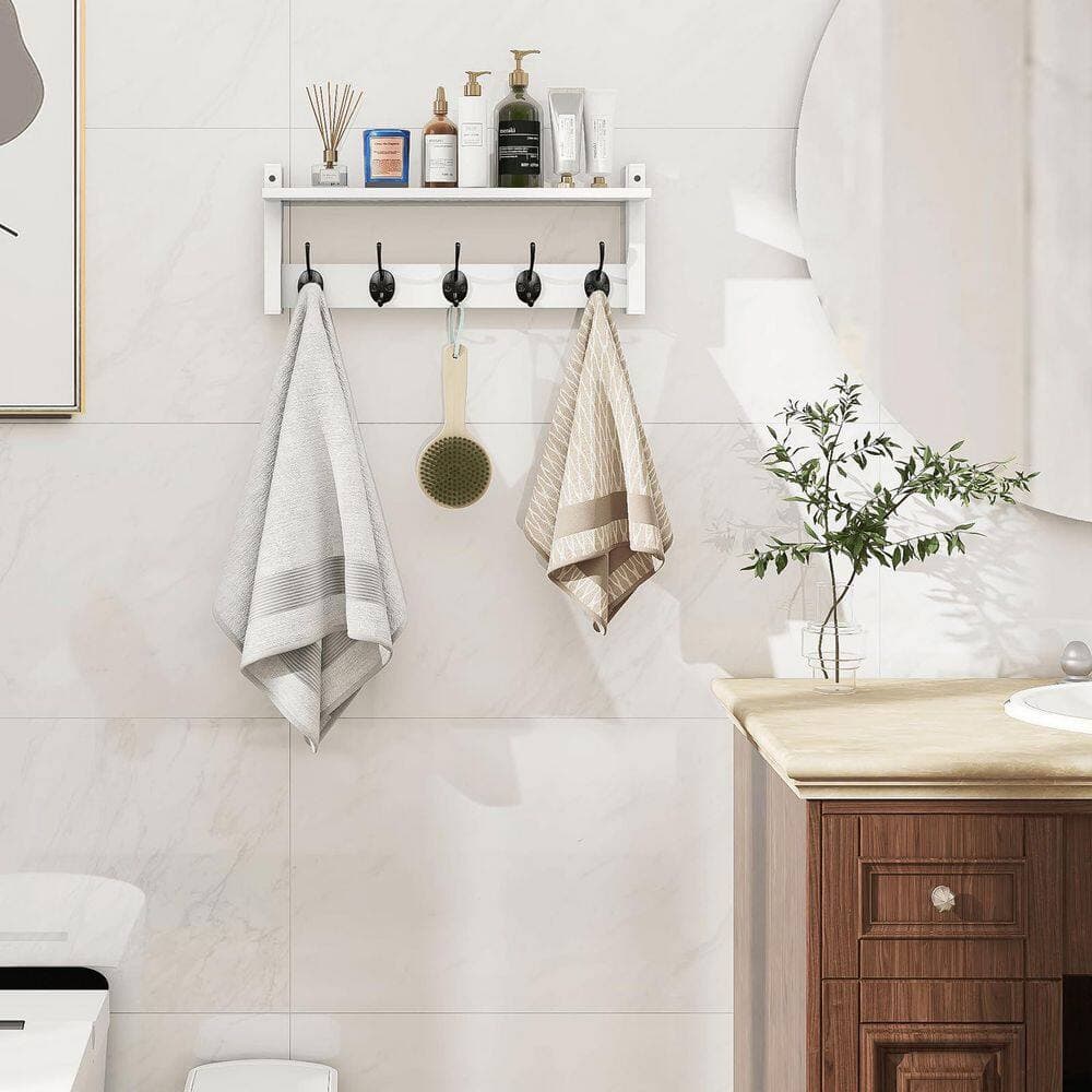 Wudkey 17.1 in. J-Hook Robe/Towel Hook with Shelf in White, Entryway Hanging Shelves with 5 Metal Hooks, Wall-Mounted (3)