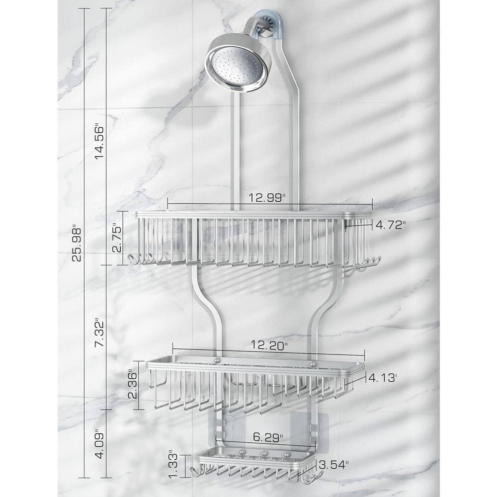 Numhew Hanging Over The Head Aluminum Shower Caddy Shower Shelves with Soap Basket and 10 Hooks in Silver for Bathroom Dorm (2)