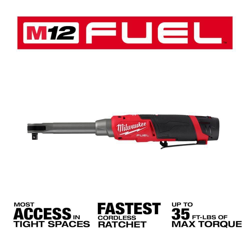 Milwaukee M12 FUEL 12V Lithium-Ion 3/8 in. Brushless Cordless Ratchet Extended Reach High Speed Kit with Cut Off Saw (3)