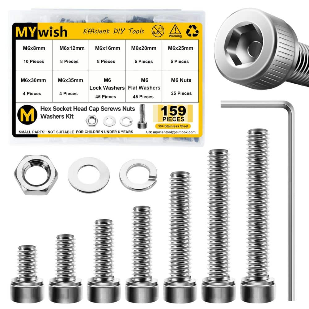 MYWISH 159-Piece M6 Internal Hex Socket Head Cap Screw Assortment Kit, 304-Stainless Steel (1)