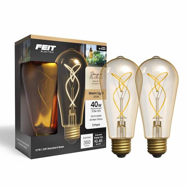 Feit Electric 40W Equiv. ST19 Dim. Knot Thin Filament Amber Glass E26 Vintage Edison LED Straight Tapered Light Bulb Warm White 2-Pack (2)