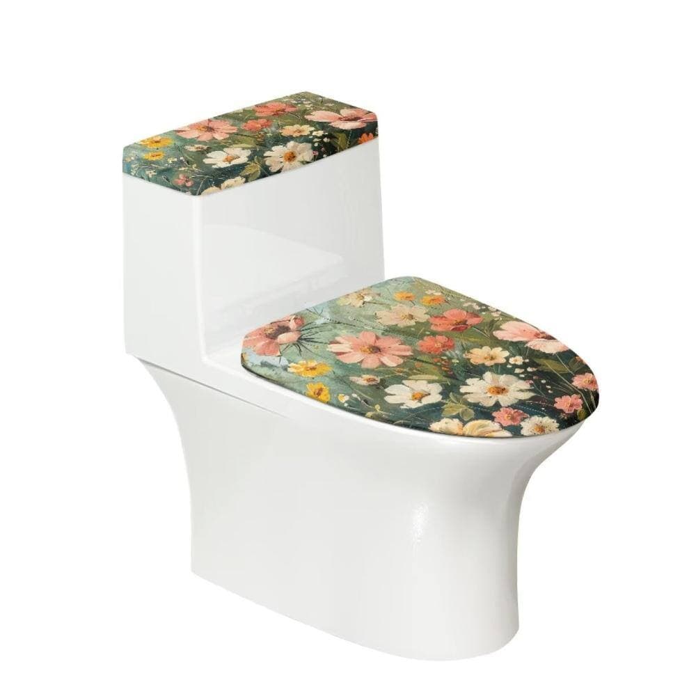 Unbranded Floral Toilet Seat Cover and Tank Lid Cover Set, Polyester Bathroom Decor Fits 15-21 and 13-17 in Tanks (2)
