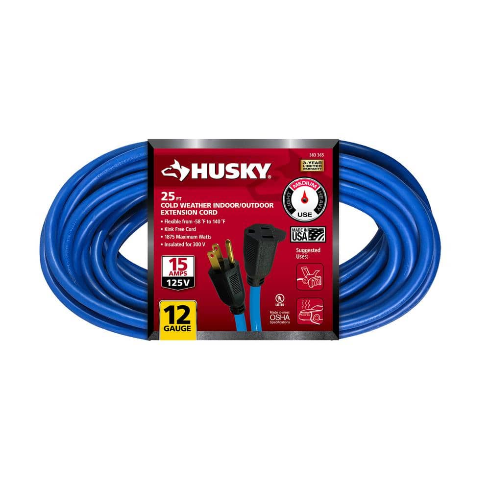 Husky 25 ft. 12/3 Medium Duty Cold Weather Indoor/Outdoor Extension Cord, Blue
