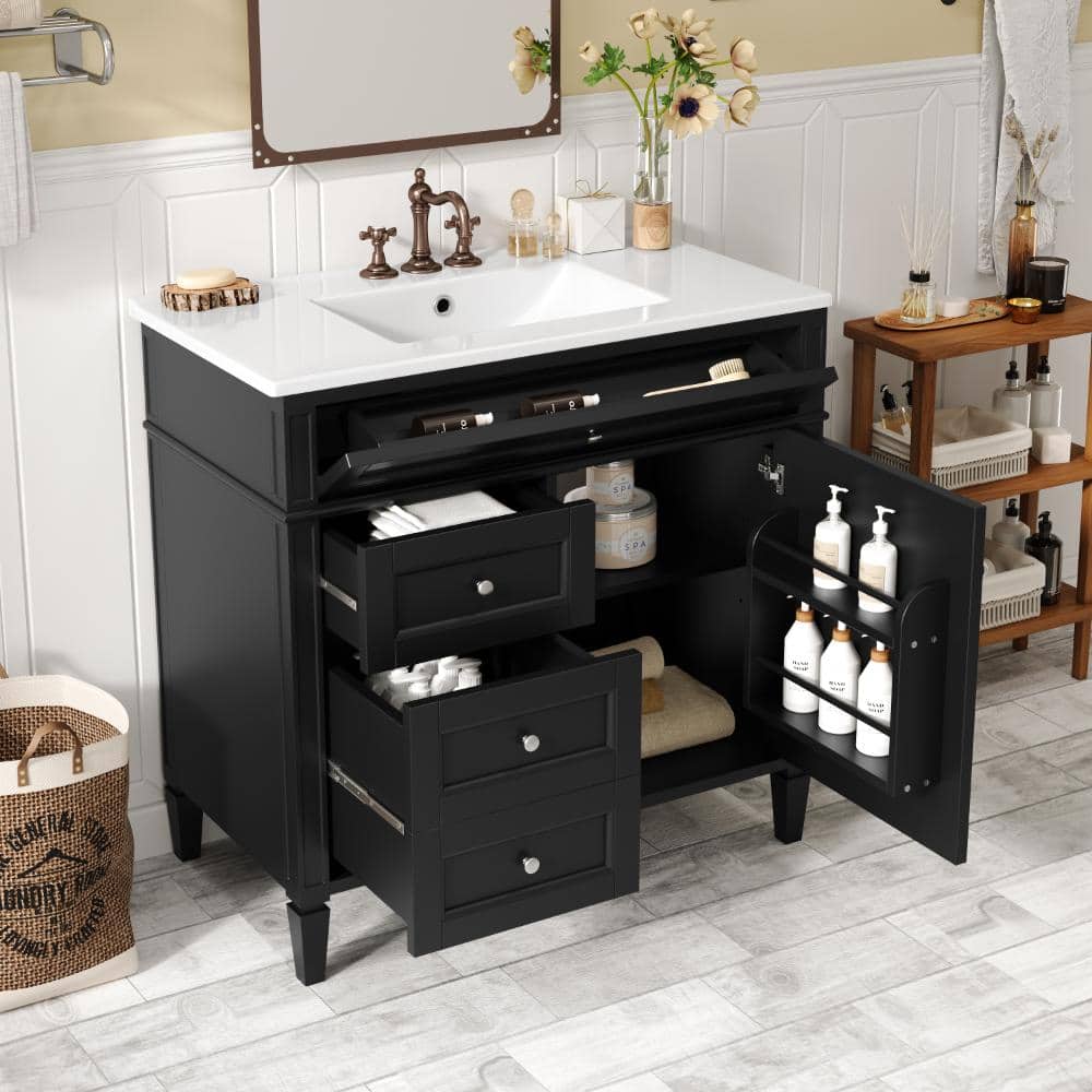 Flynama 36″ Bathroom Vanity with Top Sink, 2 Drawers & Tip-out Drawer, Modern Storage Cabinet (1)