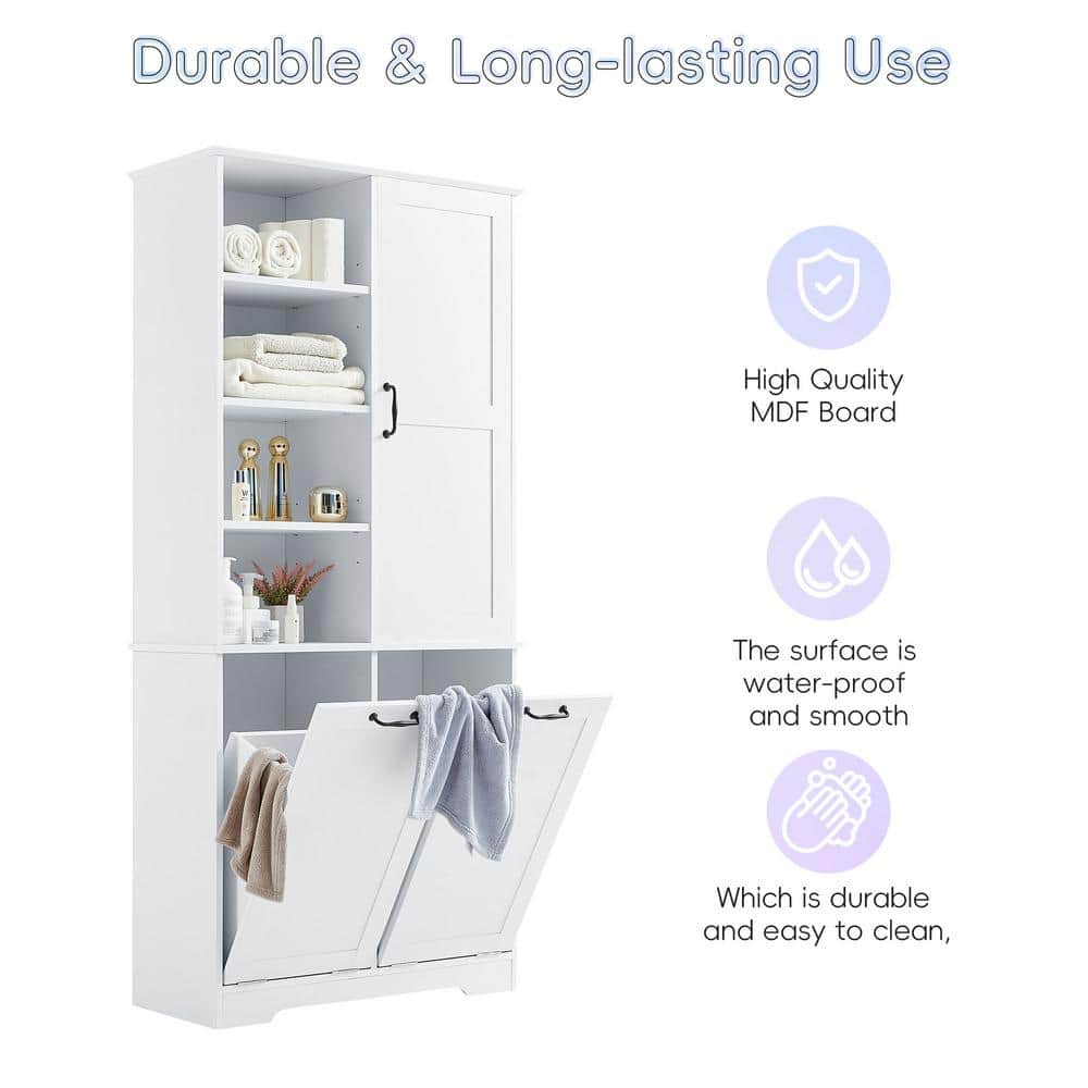 Tileon 31 in. W x 14 in. D x 68 in. H White Linen Cabinet with Tilt-Out Laundry Hamper and Adjustable Shelf (3)