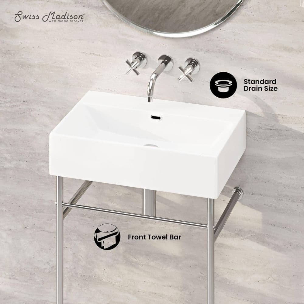 Swiss Madison Claire Rectangle Zero Hole Ceramic Console Sink with Polished Chrome Legs (2)