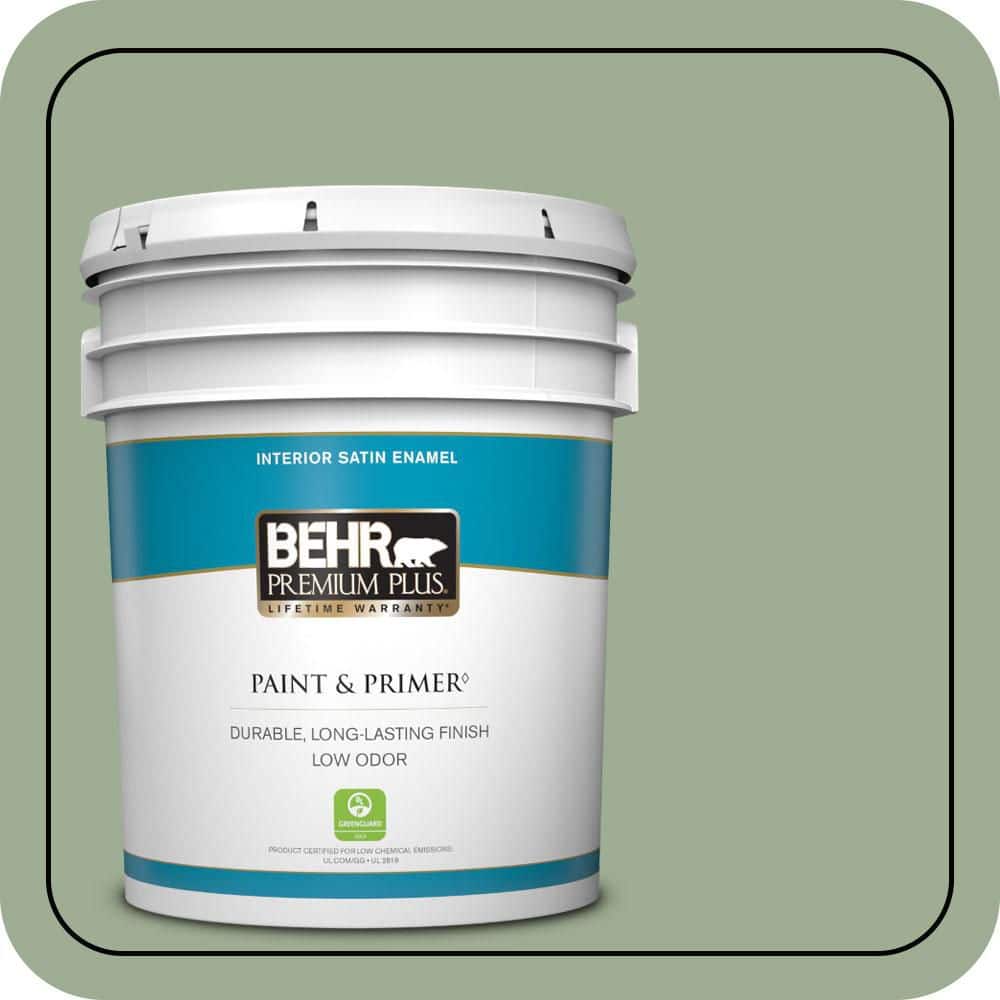 BEHR PREMIUM PLUS 5 gal. #S390-4 Roof Top Garden Satin Enamel Low Odor Interior Paint & Primer