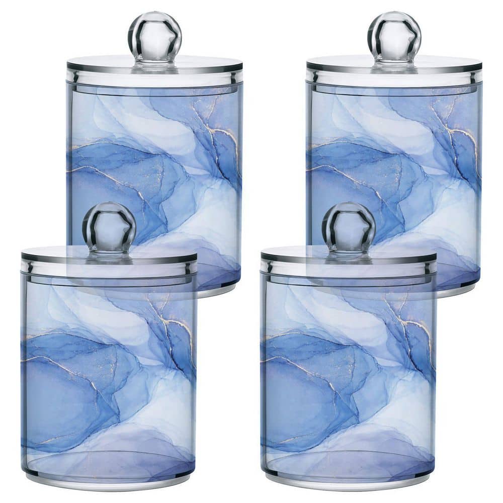 KHKFY 2-Pack 10 oz. Blue Marble Ink Acrylic Storage Canisters with Lids for Cotton Swabs Balls Bathroom Vanity (2)