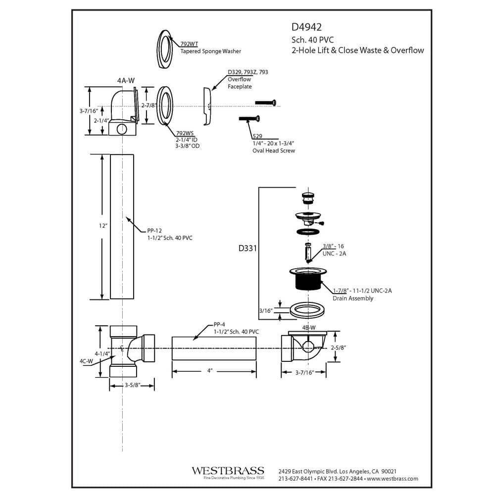 Westbrass Twist and Close Sch. 40 PVC Bath Waste with 1-Hole Elbow and 2-Hole Overflow Faceplate (2)