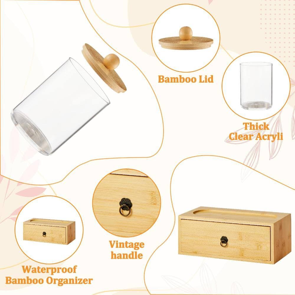 Unbranded 3 Pack Qtip and Cotton Ball Holder Set with Tray Drawer, Acrylic Jars and Bamboo Tray for Bath Storage (3)