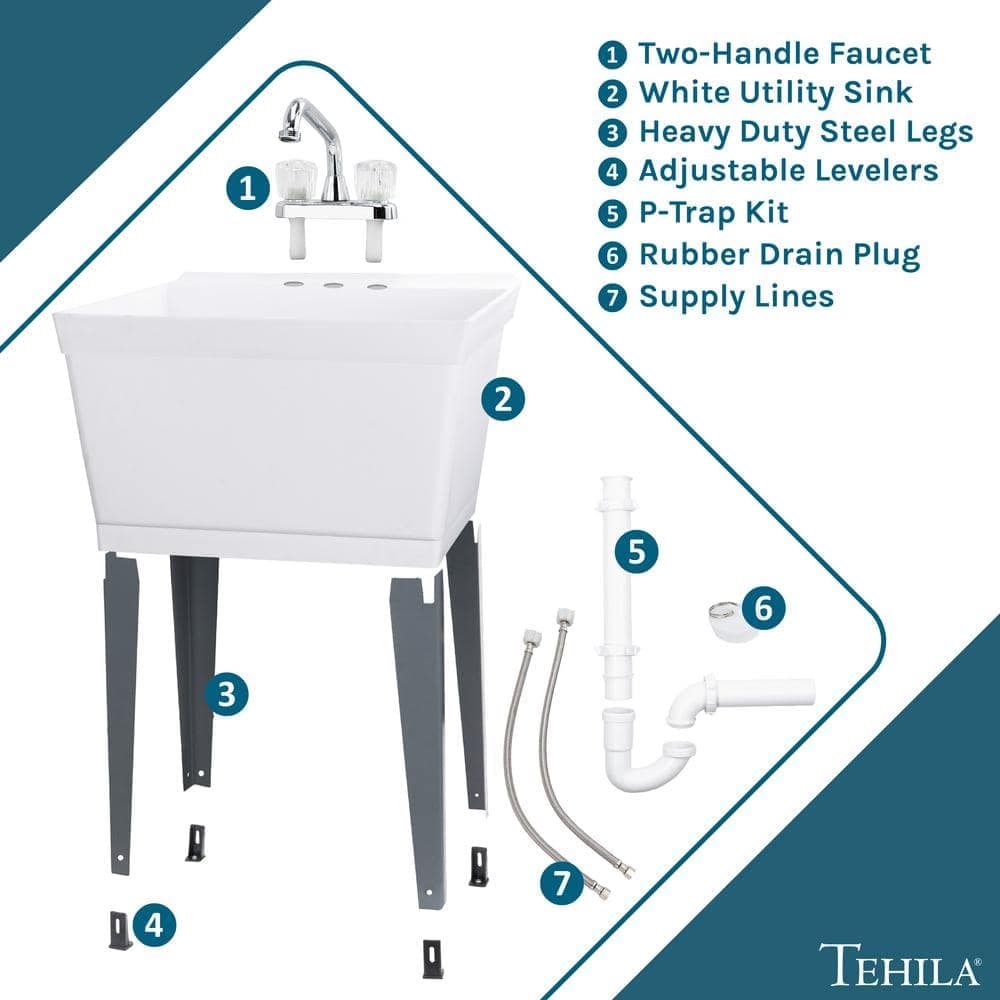 TEHILA Complete 22.875 in. x 23.5 in. White 19 Gal. Utility Sink Set with Non-Metallic Chrome Finish Faucet (2)