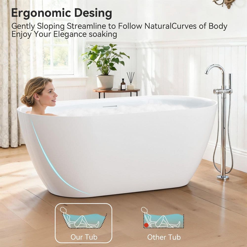 LASIHEM 59 in. x 31.5 in. Acrylic Freestanding Soaking Bathtub w/ Center Drain and Overflow in White for Bathroom,cUPC Certified (3)