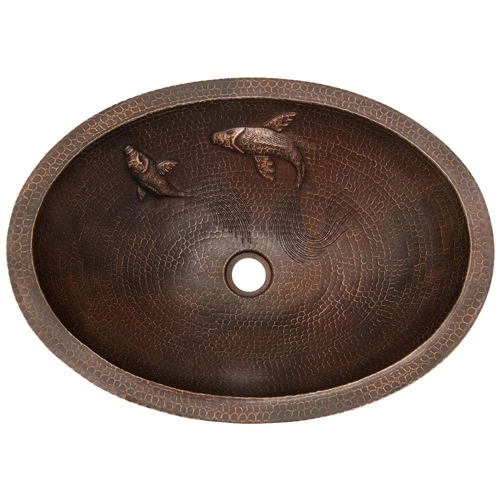 Premier Copper Products 19 in. Oval Under Counter Hammered Copper Bathroom Sink with Koi Fish Design in Copper (2)
